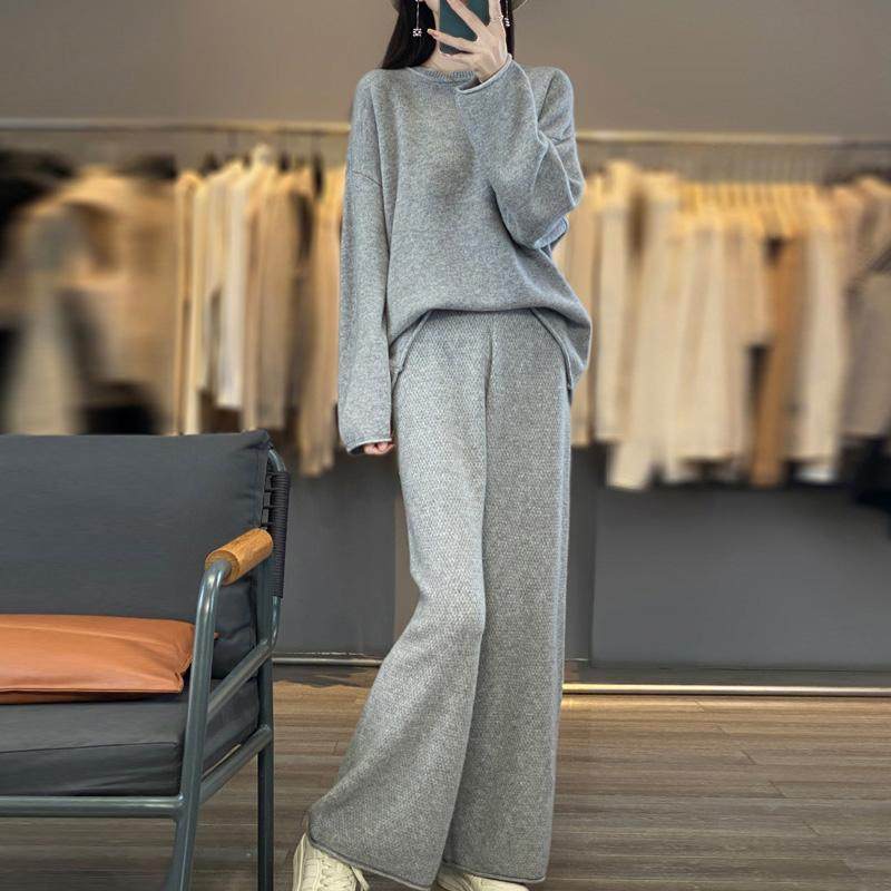 秋冬100%纯羊毛衫阔腿裤两件套女圆领长袖毛衣宽松羊绒衫长裤套装,淘宝优惠券,粉丝福利购,淘宝优惠卷
