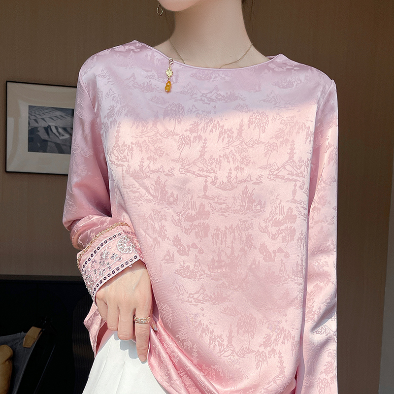 新中式国风缎面真丝衬衣女圆领刺绣亮片桑蚕丝提花醋酸打底衫上衣 - 图3