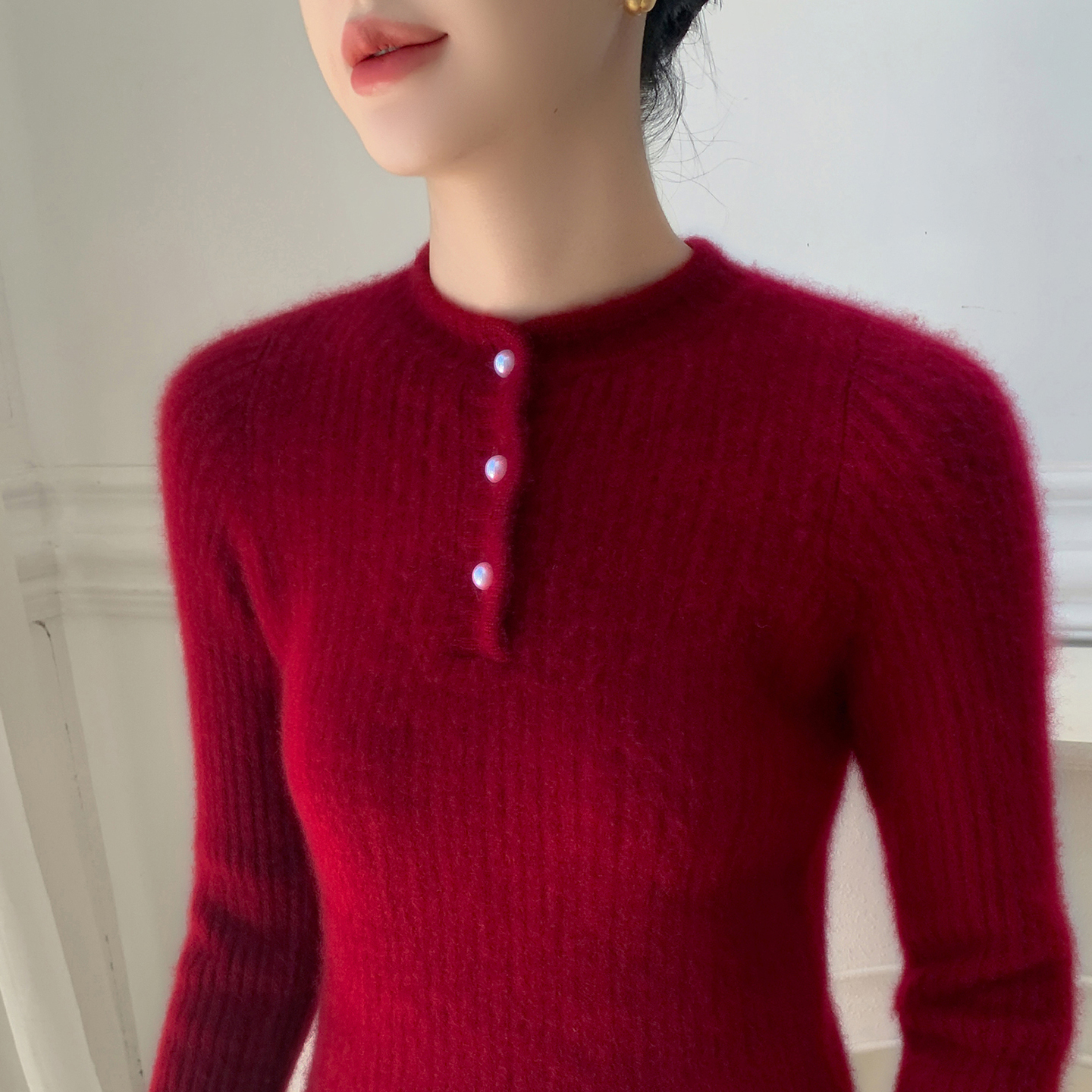 软糯！baby小山羊绒衫女半高领珍珠扣坑条针织毛衣宽松打底羊毛衫 - 图2