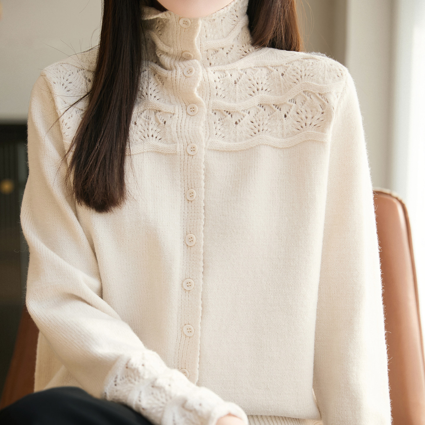 重工镂空钩花精纺羊毛开衫女高领针织衫长袖毛衣宽松气质外套上衣,淘宝优惠券,粉丝福利购,淘宝优惠卷