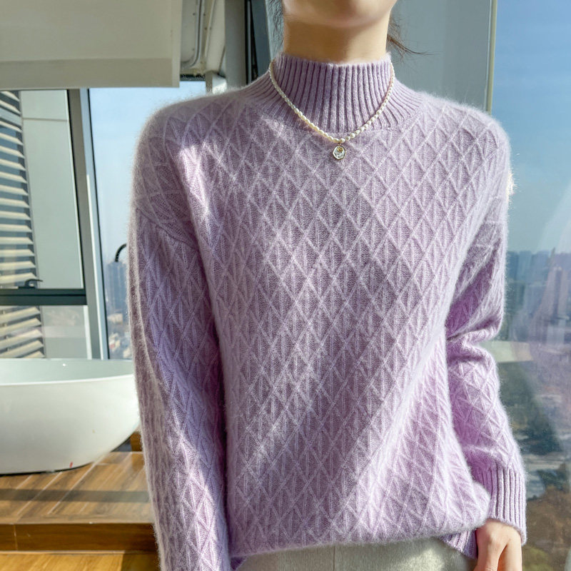 100%纯羊毛衫女半高领菱形扭花长袖毛衣加厚针织宽松羊绒打底上衣,淘宝优惠券,粉丝福利购,淘宝优惠卷