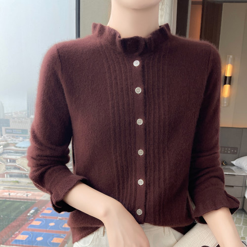 轻奢级baby小山羊绒开衫女木耳边半高领提花针织毛衣宽松羊毛外套 - 图2