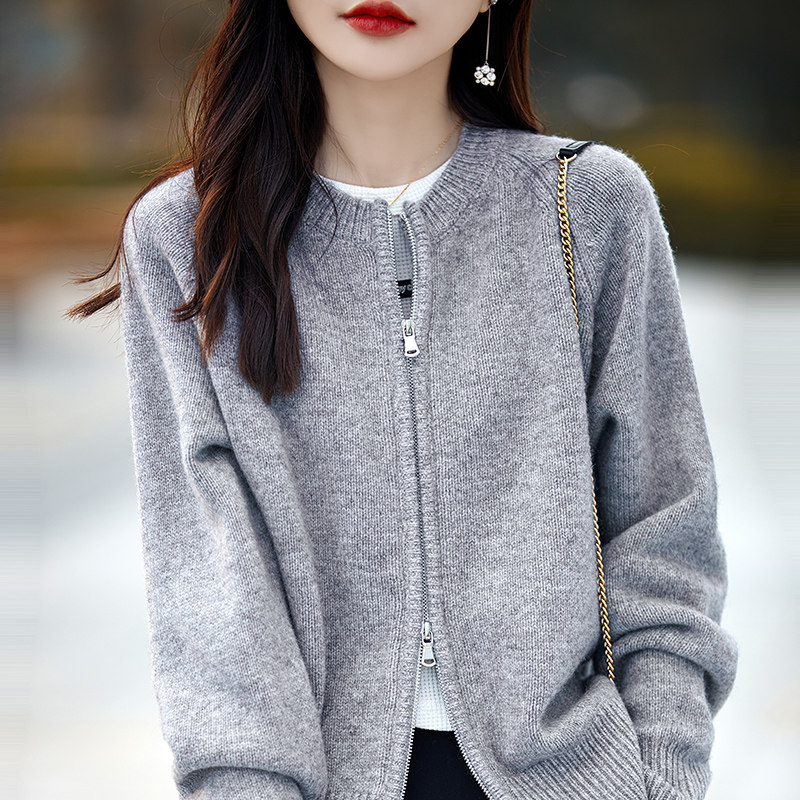 100%纯羊毛开衫女圆领双拉链加厚长袖外套毛衣宽松短款羊绒衫外搭,淘宝优惠券,粉丝福利购,淘宝优惠卷