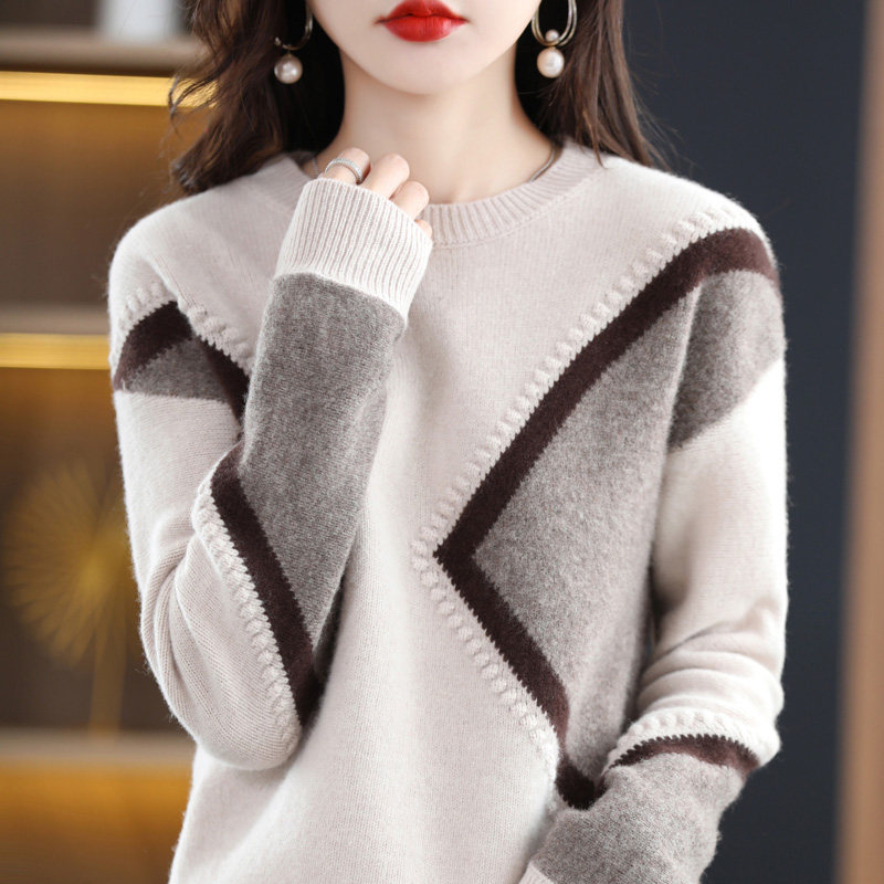 圆领拼色100%羊毛衫女圆领套头长袖毛衣宽松慵懒风羊绒衫打底内搭,淘宝优惠券,粉丝福利购,淘宝优惠卷