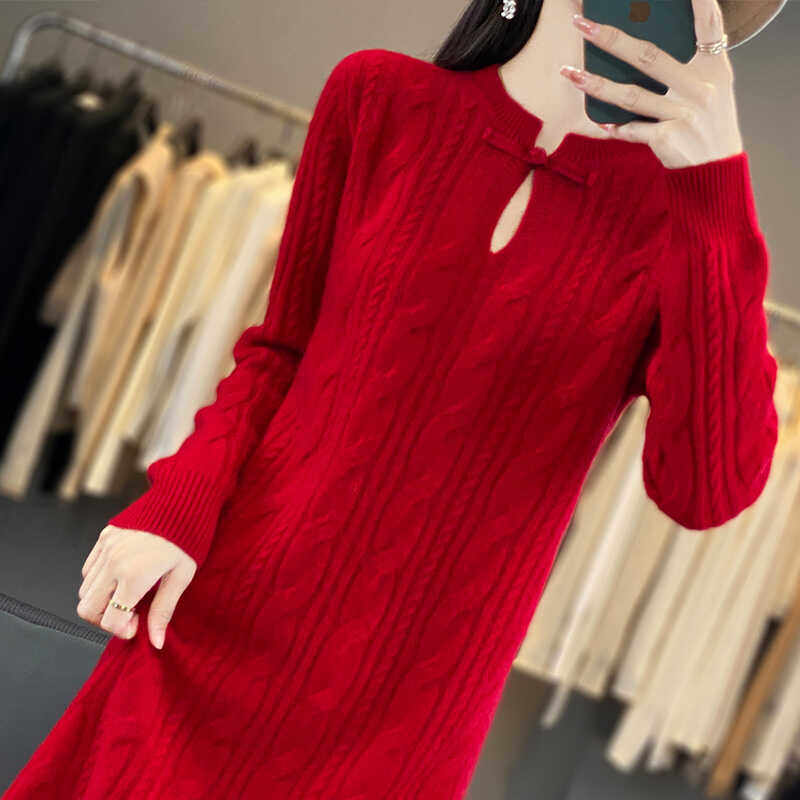 100%纯羊毛衫连衣裙女旗袍领盘扣长袖毛衣裙中长款宽松羊绒衫长裙,淘宝优惠券,粉丝福利购,淘宝优惠卷