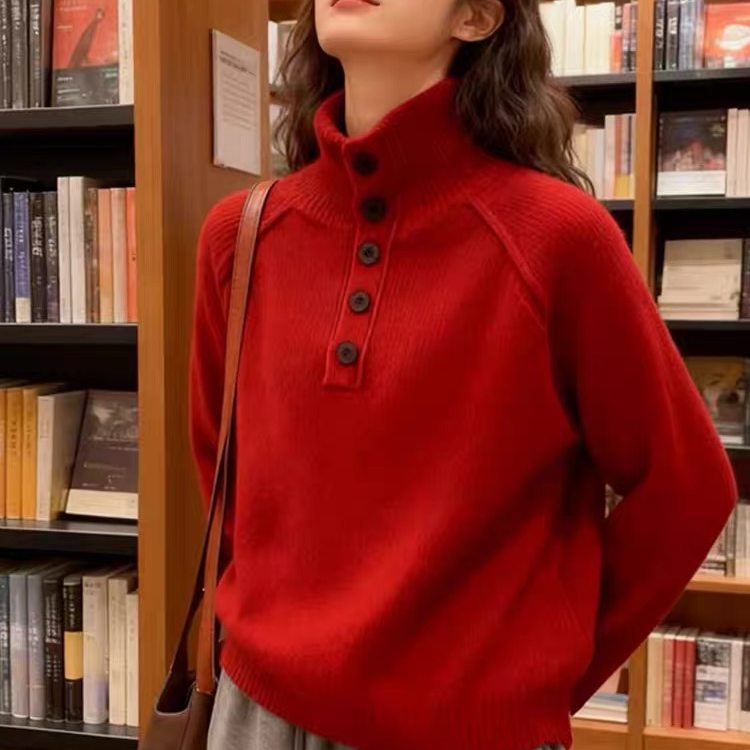 100%纯羊毛衫女高领加厚半开纽扣针织毛衣宽松慵懒羊绒衫打底上衣,淘宝优惠券,粉丝福利购,淘宝优惠卷