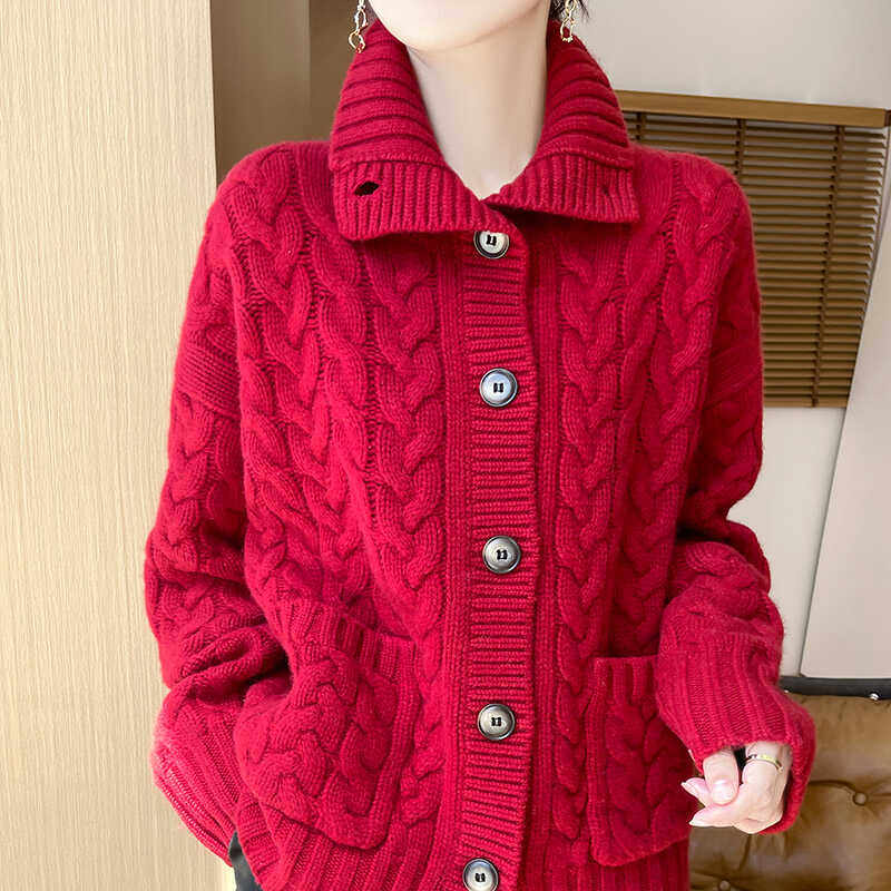 重磅加厚100%纯羊毛开衫女高领复古扭花带兜毛衣宽松慵懒羊绒外套,淘宝优惠券,粉丝福利购,淘宝优惠卷