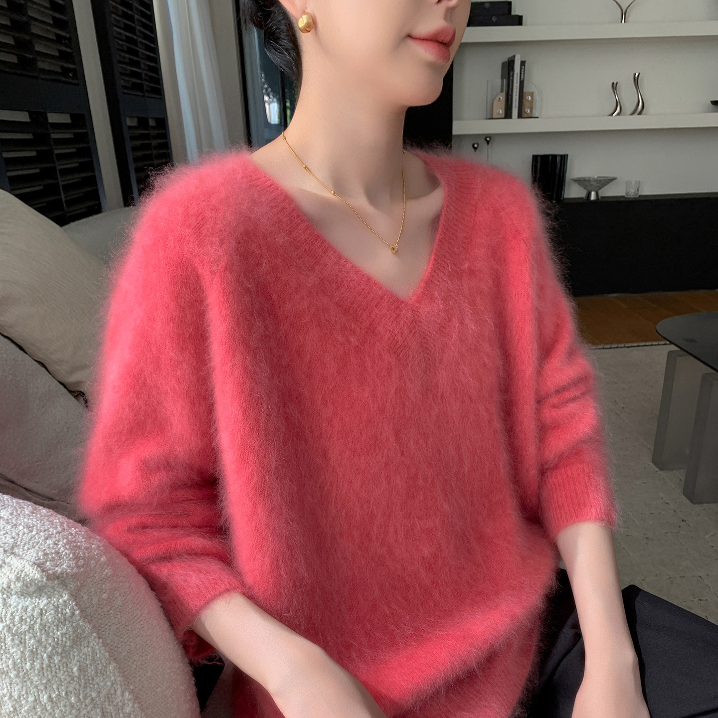 轻奢高端山羊绒衫女V领拉绒纯色针织长袖毛衣宽松羊毛衫打底上衣,淘宝优惠券,粉丝福利购,淘宝优惠卷