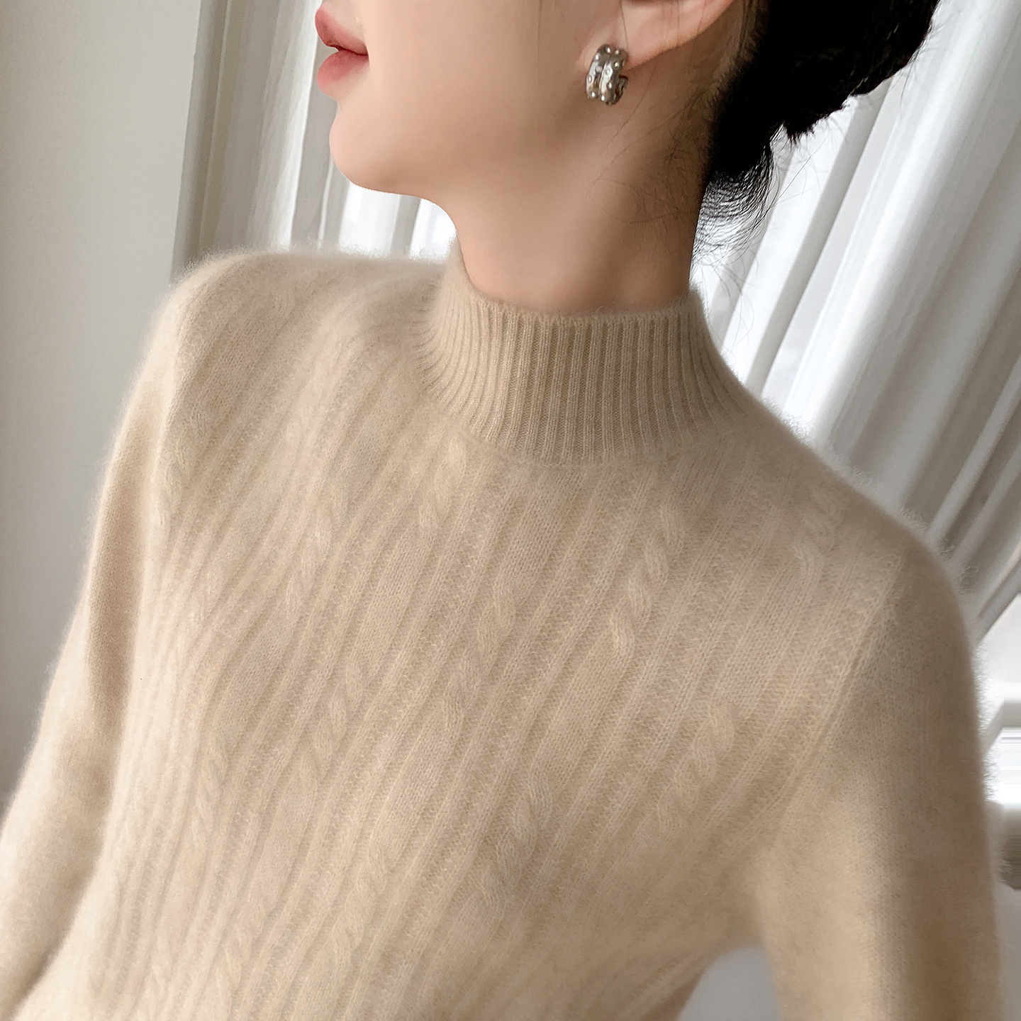 秋冬baby小山羊绒衫女加厚半高领提花针织毛衣宽松气质羊毛衫打底 - 图0