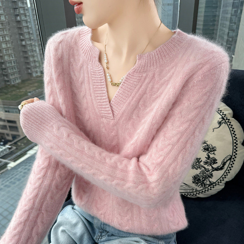 软糯风半开V领山羊绒衫女加厚扭花针织长袖毛衣宽松羊毛打底上衣,淘宝优惠券,粉丝福利购,淘宝优惠卷