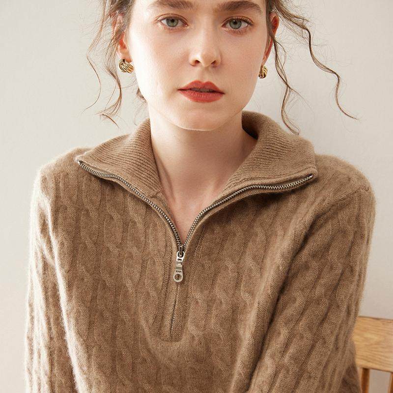 秋冬半开拉链翻领高级感山羊绒衫女加厚绞花针织毛衣宽松羊毛打底,淘宝优惠券,粉丝福利购,淘宝优惠卷