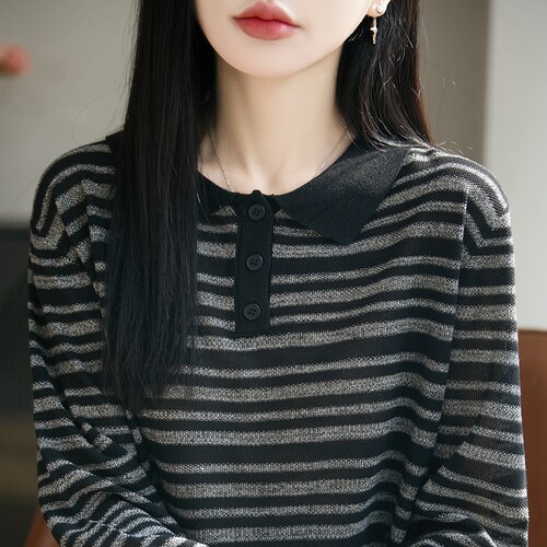 春秋新款精纺羊毛衫女流苏圆领条纹拼色开衫外套宽松长袖打底上衣 - 图2
