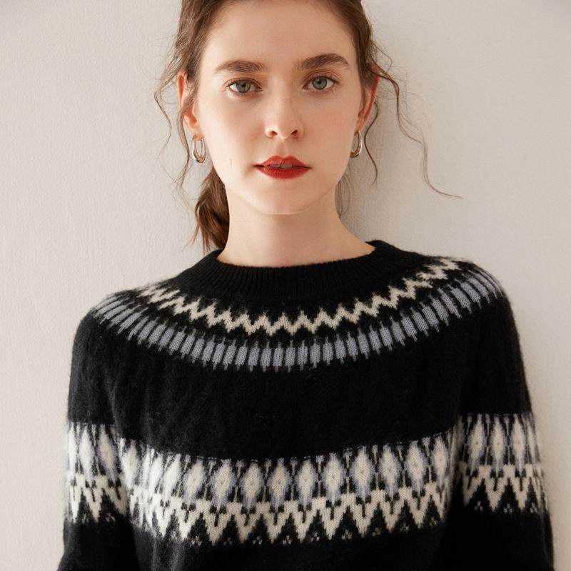 复古拼色费尔岛提花高级感山羊绒衫女圆领加厚针织毛衣宽松打底衫,淘宝优惠券,粉丝福利购,淘宝优惠卷