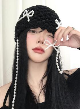 韩系珍珠蝴蝶结红色包头帽女复古
