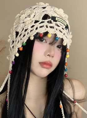 夏季波西米亚花朵流苏编织包头帽