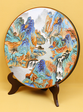 青山绿水碳盘摆件掐丝珐琅彩新中式玄关客厅坐盘景泰蓝手工礼品