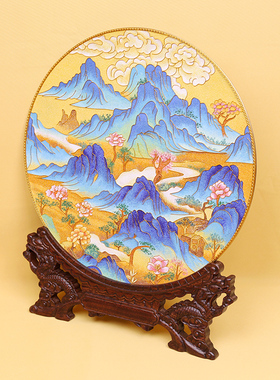 江山如画铜盘摆件掐丝珐琅彩新中式客厅玄关坐盘景泰蓝手工礼品