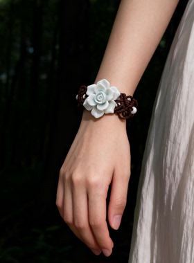 纯手工陶瓷饰物 编绳花朵手链 陶艺首饰古风礼物景德镇小众