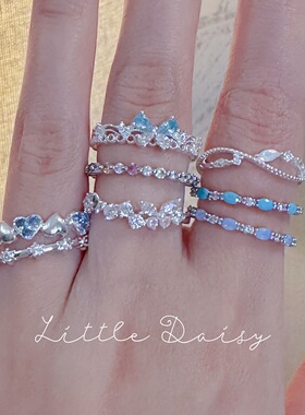 Little Daisy亮银色韩系娇媚彩钻叠戴交叉百搭气质超闪可调节戒指