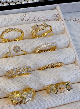 Little Daisy时髦马蹄形闪钻叠戴戒指锁链气质菱格转运珠开口戒指