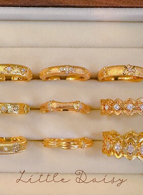 Little Daisy富贵拉丝中古华丽巴洛克古法金镶钻开口可调节戒指