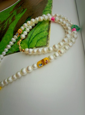 神经手作孤品 手绘Kitty猪左卫门蝴蝶结天然珍珠捷克琉璃手工项链