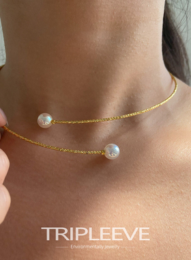 粉色宝石光澳白渐变人造珍珠项圈项链极光天女锁骨链轻奢小众高级