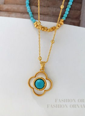 2025新潮原创复古小众蓝色串珠项链高级感叠戴颈链时尚锁骨链