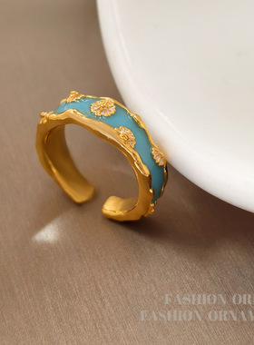 原创个性夏季新款蓝色开口戒指小众雏菊设计指环新潮款食指戒2509