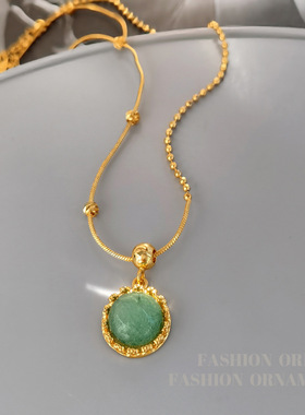 铜镀真金小众简约不规则设计项链复古绿色吊坠颈链个性锁骨链