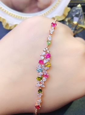 925银镶纯天然碧玺手链天然碧玺晶体干净，颜色美丽，主石3*4mm