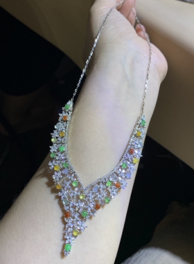 天然翡翠缅甸料冰种多彩套链s925银，总长240mm左右，裸石卡4.3mm