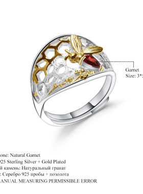 设计师款自然风开口可调节戒指 蜜蜂蜂巢设计s925银天然宝石戒指