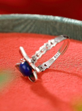 s925银做旧亮银青金石珐琅蝴蝶戒指，附证书