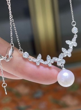 天然淡水白珍珠项链蝶舞翩翩.s925银镀白金8.5—9mm正圆强光无瑕