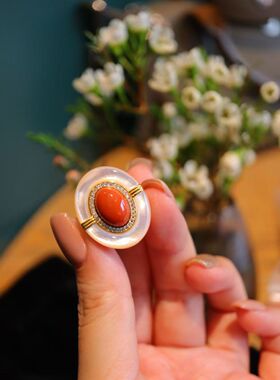 天然满肉南红 s925通体银  圈口可调节 尺寸约 20*25mm