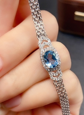 S925银镶嵌天然瑞士蓝托帕石手链，主石6*8mm，附权威证书