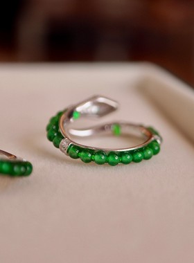 小米珠翡翠蛇形戒指5A级甄选帝王绿翡翠小米珠 约3mm