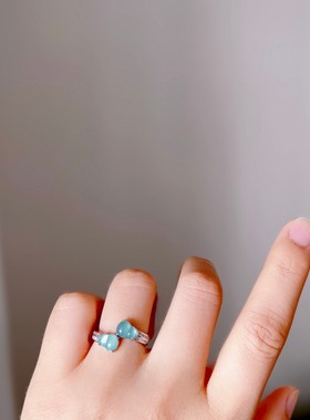 天然翡翠双葫芦戒指6*8mm A货蓝水起冰起胶的料子 S925纯银镶嵌