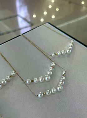 18k金海水Ak微笑链 6.5-8.5mm渐变点位，珠光冷润带晕