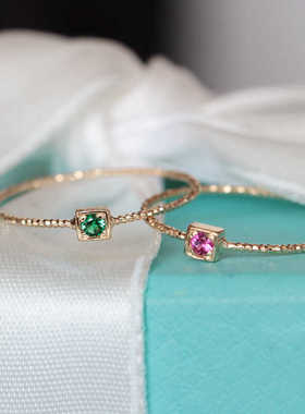 现货无折 韩国纯14K金螺旋刻面方形包镶小戒指豆豆戒壁多色细指环