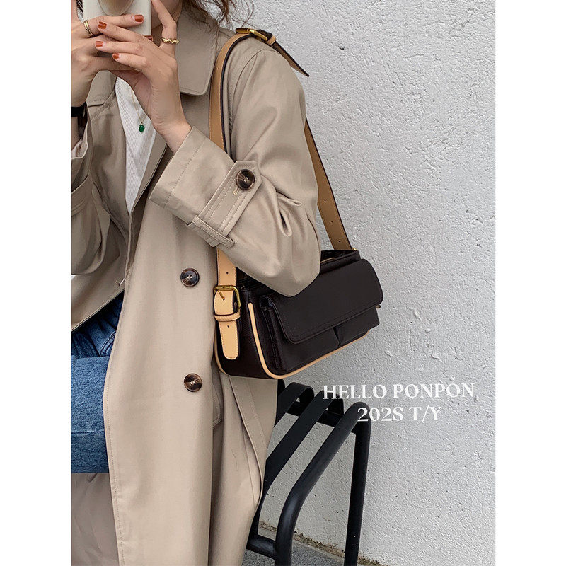 韩国新品自制复古单肩包咖啡色中古腋下包时尚休闲双口袋斜挎包女 - 图1