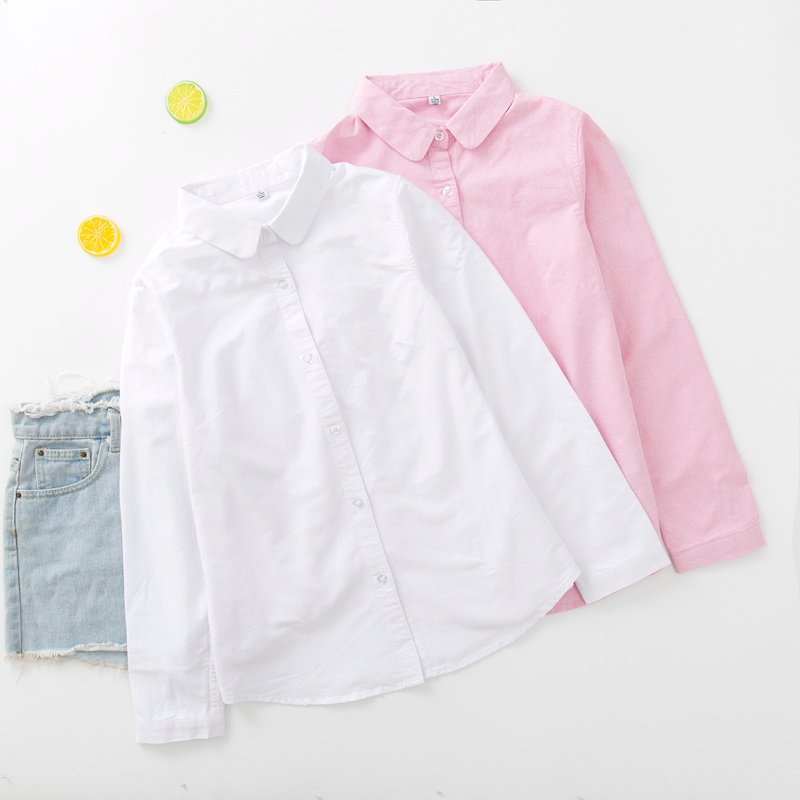 2022春秋季新款小清新娃娃领纯棉牛津纺衬衫女长袖粉色衬衣打底衫 - 图0