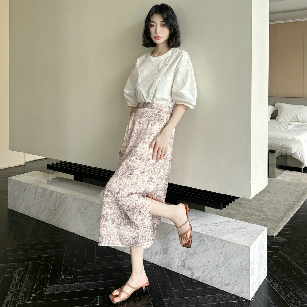 白色晕染醋酸宽松休闲直筒半身裙中长款长裙气质通勤夏女高腰H型