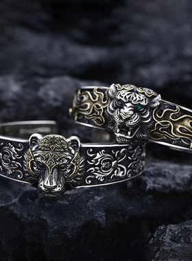 S925男款老虎头开口手镯
