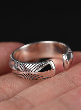 男士镶钻波浪条纹开口戒指泰银