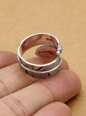 纯银个性印第安羽毛戒指男S925