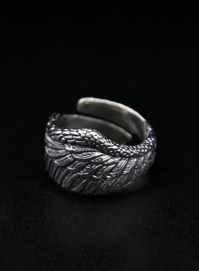 s925天使翅膀羽毛开口戒指简约