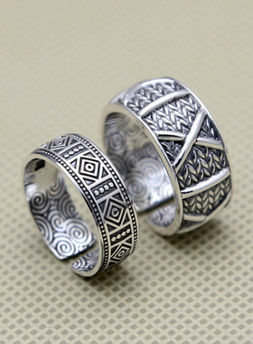 花纹情侣纯银戒指s999祥云纹足银