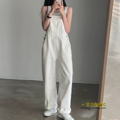 Милый белый джинсовый японский комбинезон для отдыха, ретро штаны, свободный прямой крой